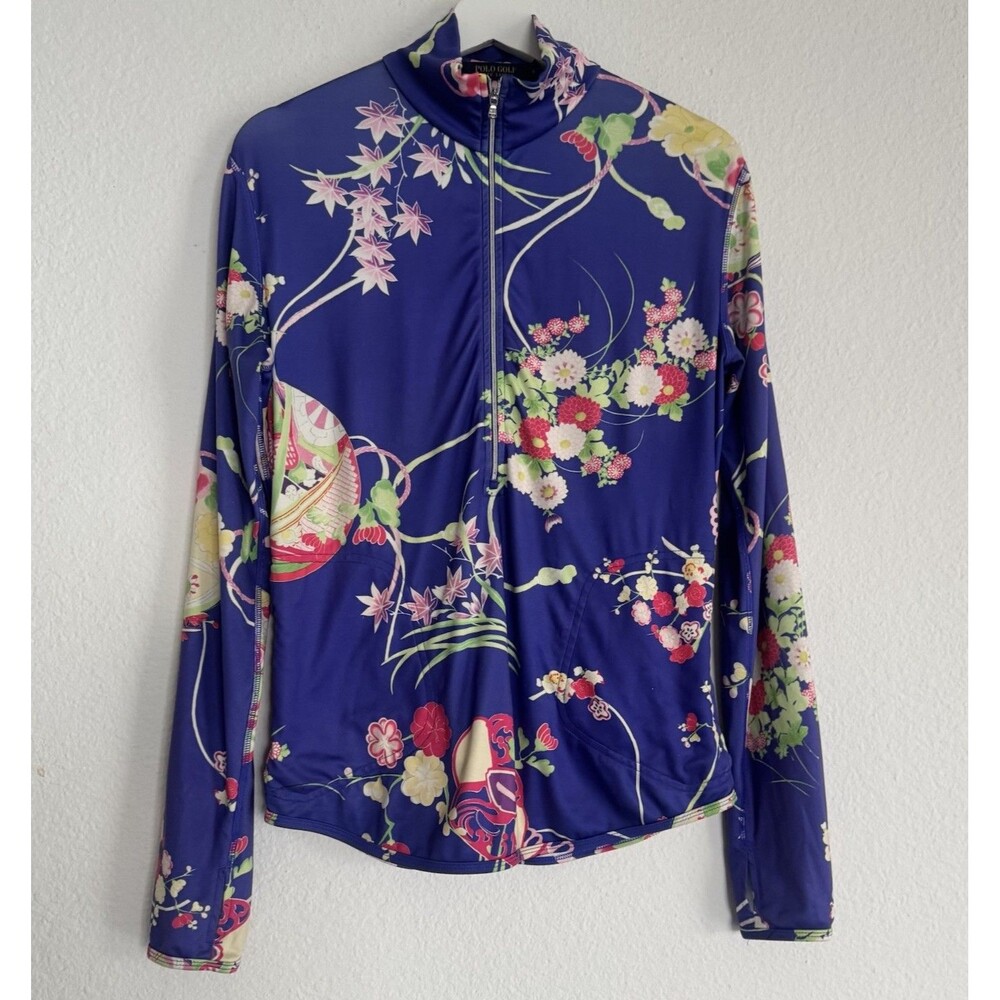 Ralph Lauren Polo Golf Shirt Sz M Bright Floral Print Long Sleeve 1/4 Zip Colors - Picture 1 of 16